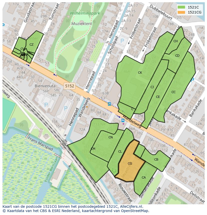 Afbeelding van het postcodegebied 1521 CG op de kaart.