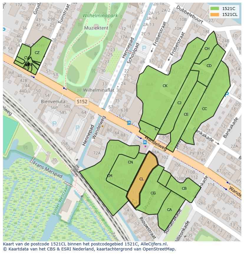 Afbeelding van het postcodegebied 1521 CL op de kaart.