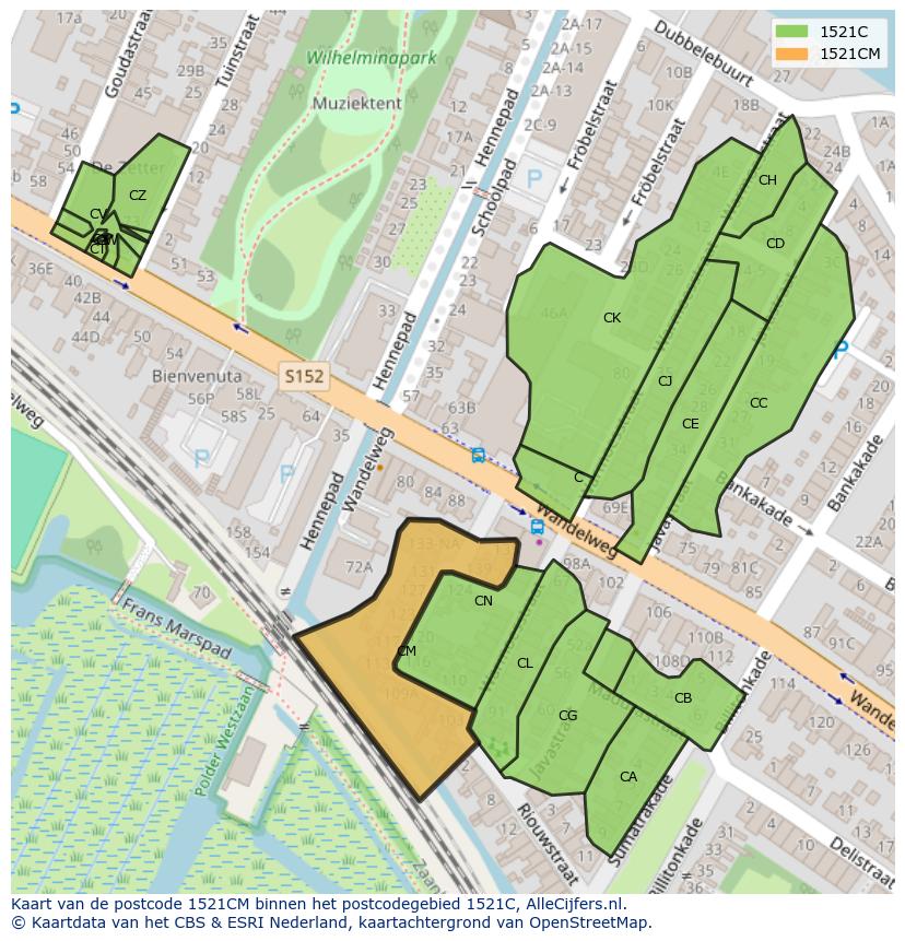 Afbeelding van het postcodegebied 1521 CM op de kaart.