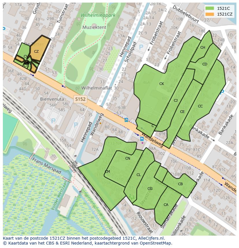 Afbeelding van het postcodegebied 1521 CZ op de kaart.