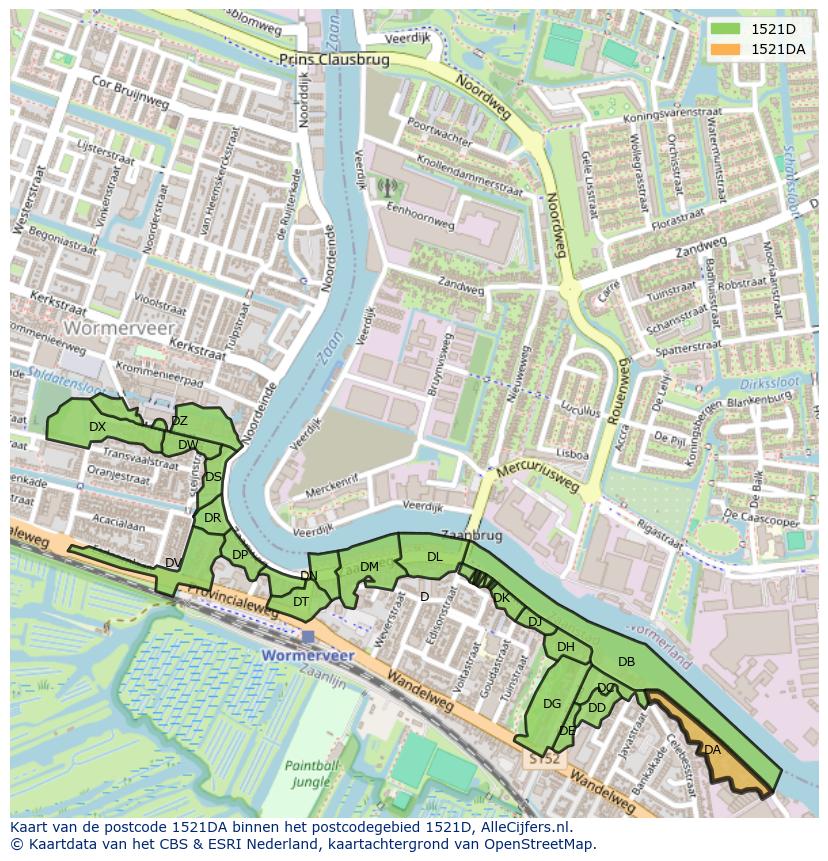 Afbeelding van het postcodegebied 1521 DA op de kaart.
