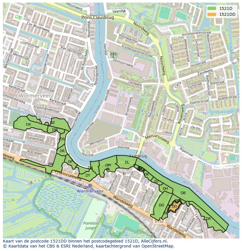 Afbeelding van het postcodegebied 1521 DD op de kaart.