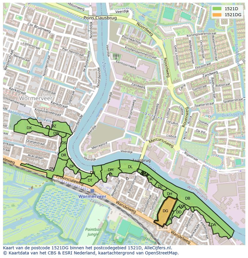 Afbeelding van het postcodegebied 1521 DG op de kaart.