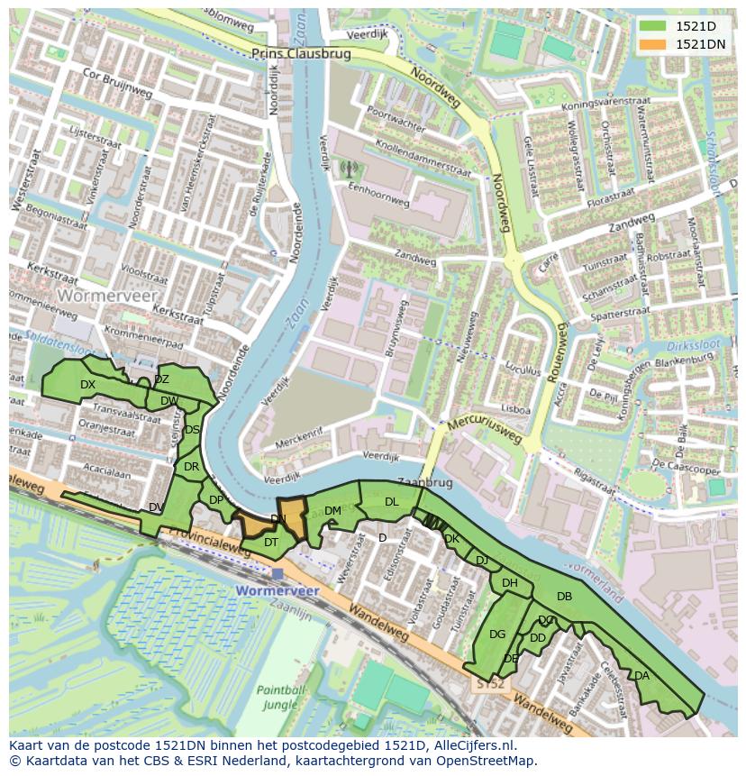 Afbeelding van het postcodegebied 1521 DN op de kaart.