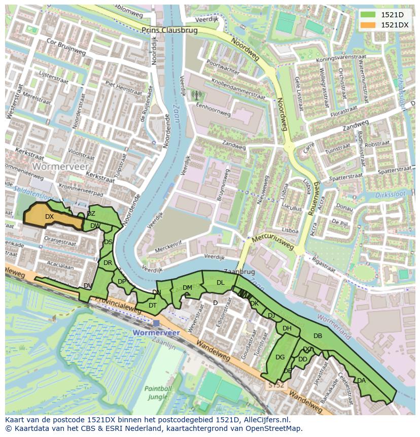 Afbeelding van het postcodegebied 1521 DX op de kaart.