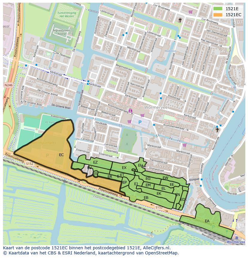 Afbeelding van het postcodegebied 1521 EC op de kaart.