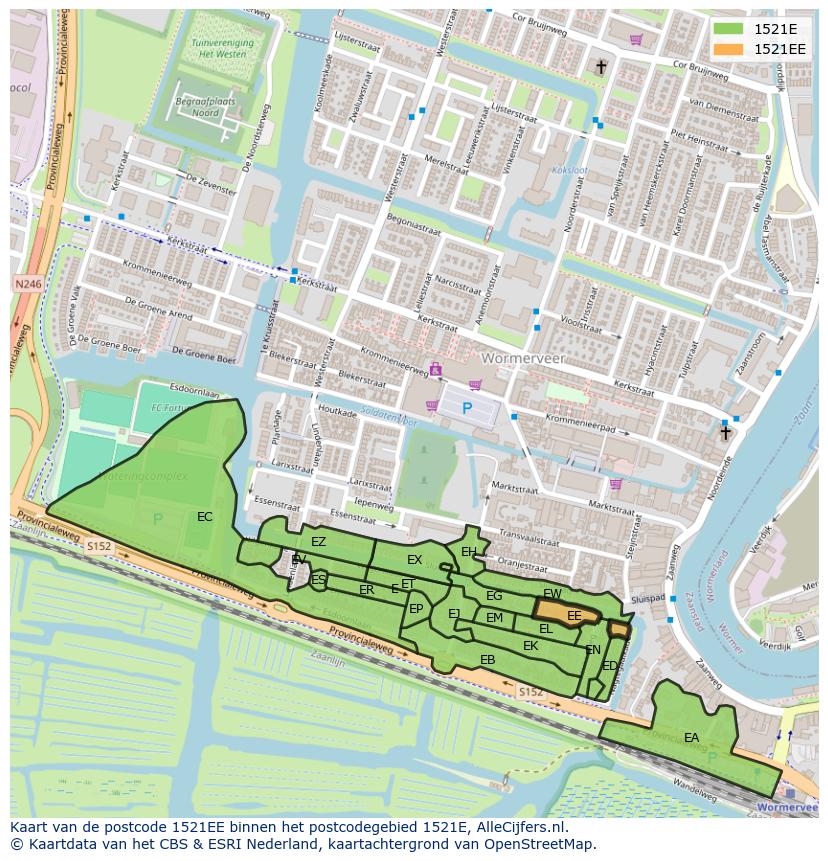 Afbeelding van het postcodegebied 1521 EE op de kaart.