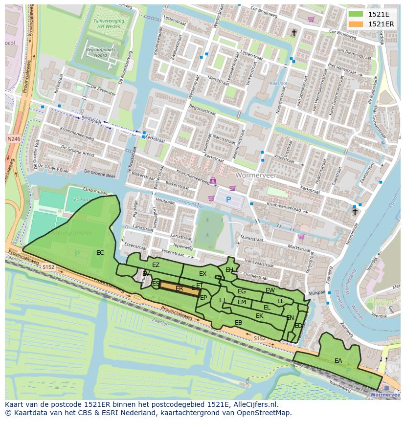 Afbeelding van het postcodegebied 1521 ER op de kaart.