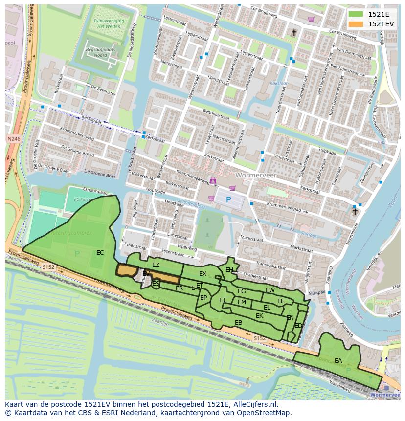 Afbeelding van het postcodegebied 1521 EV op de kaart.