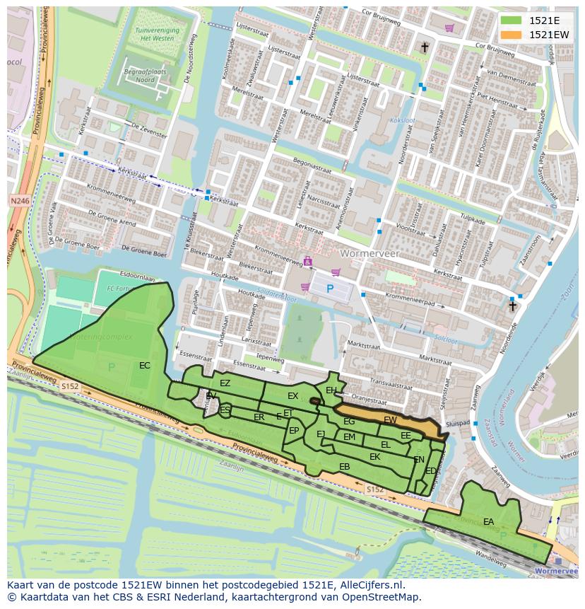 Afbeelding van het postcodegebied 1521 EW op de kaart.