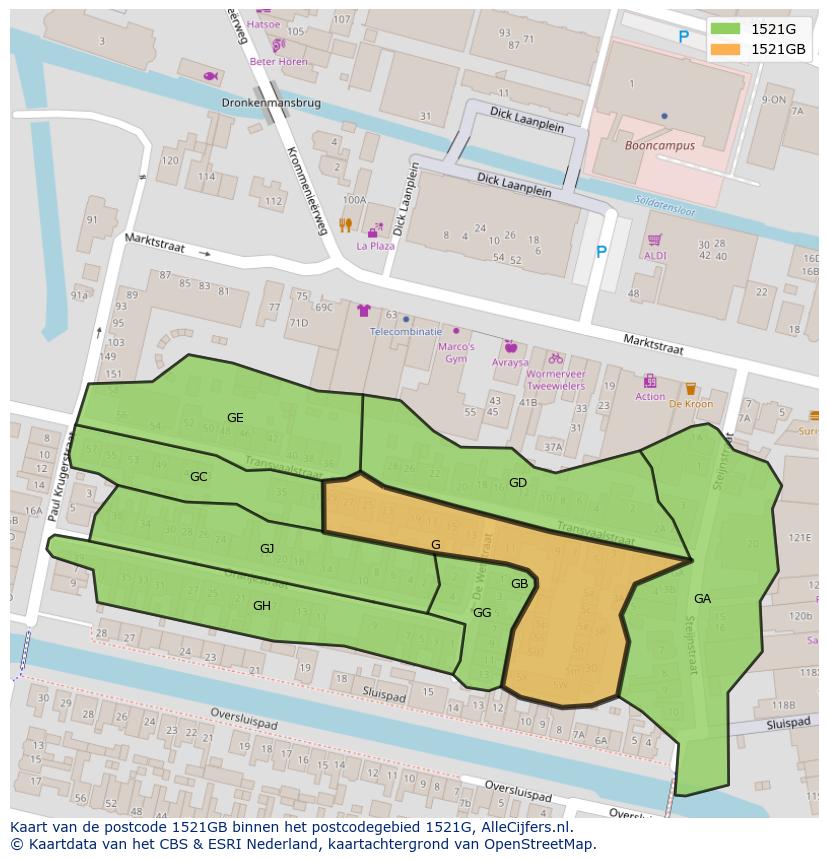 Afbeelding van het postcodegebied 1521 GB op de kaart.