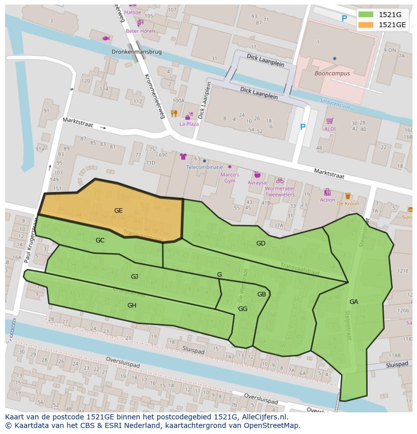 Afbeelding van het postcodegebied 1521 GE op de kaart.