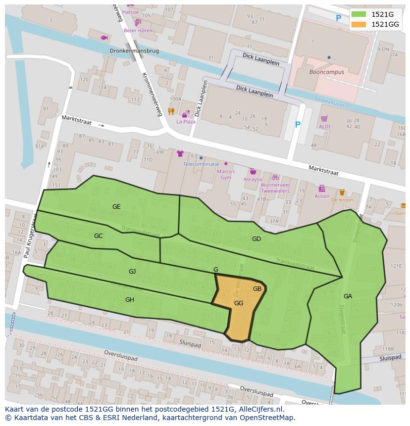 Afbeelding van het postcodegebied 1521 GG op de kaart.