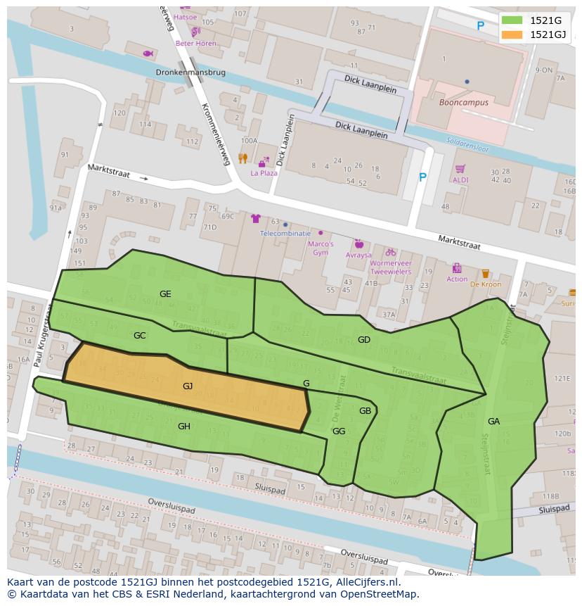 Afbeelding van het postcodegebied 1521 GJ op de kaart.