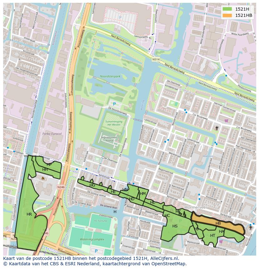 Afbeelding van het postcodegebied 1521 HB op de kaart.