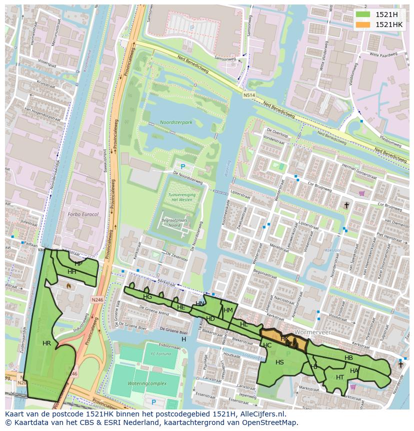 Afbeelding van het postcodegebied 1521 HK op de kaart.