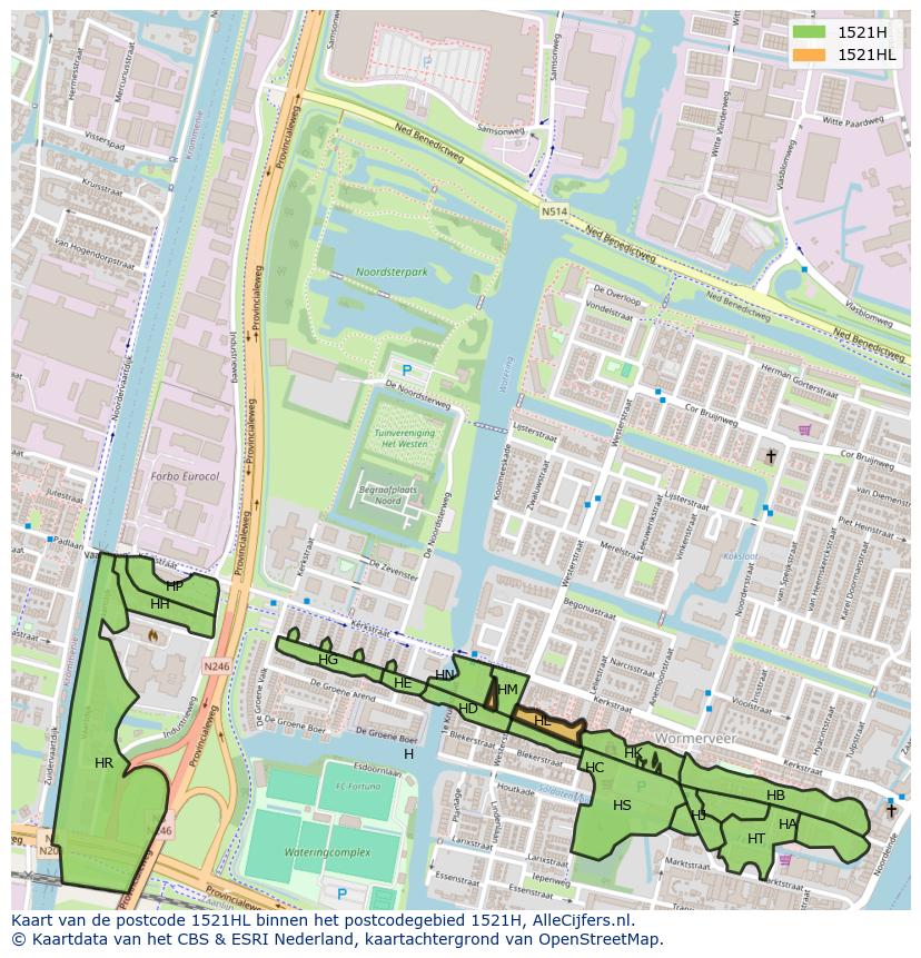 Afbeelding van het postcodegebied 1521 HL op de kaart.