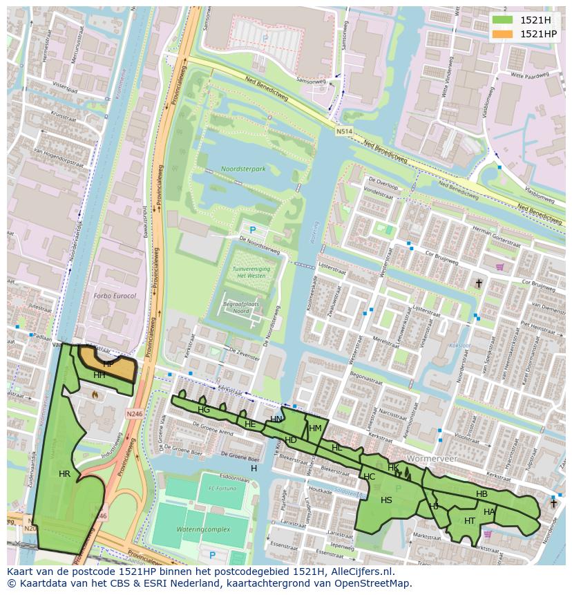 Afbeelding van het postcodegebied 1521 HP op de kaart.