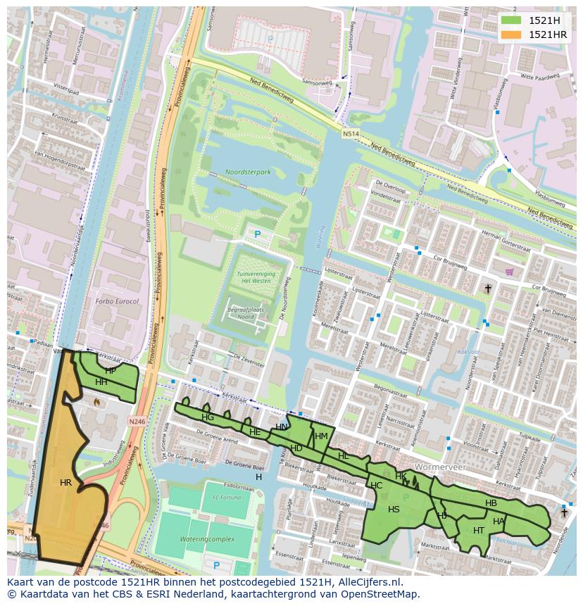 Afbeelding van het postcodegebied 1521 HR op de kaart.