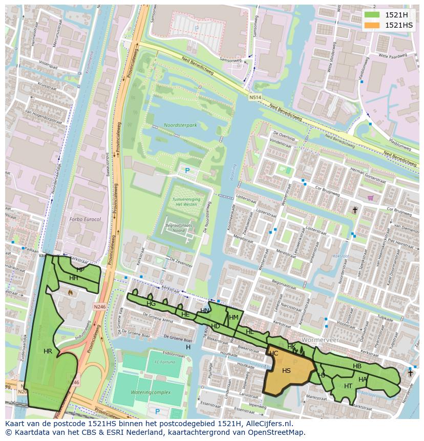 Afbeelding van het postcodegebied 1521 HS op de kaart.