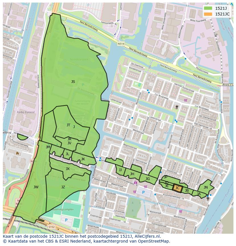 Afbeelding van het postcodegebied 1521 JC op de kaart.