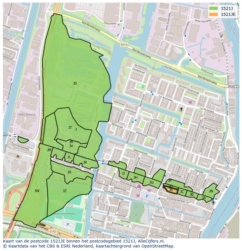 Afbeelding van het postcodegebied 1521 JE op de kaart.