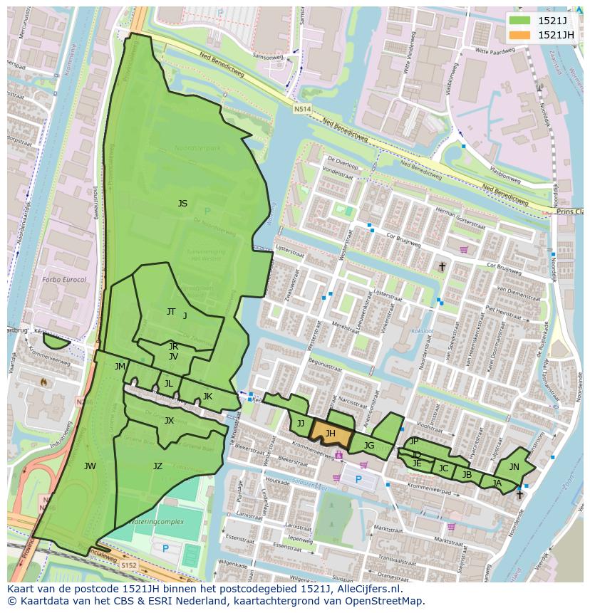 Afbeelding van het postcodegebied 1521 JH op de kaart.