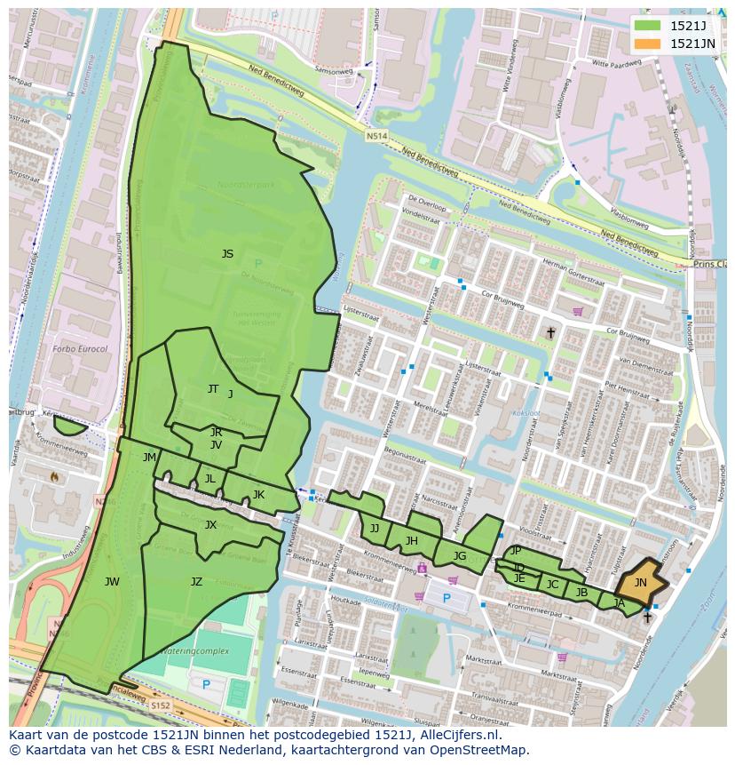 Afbeelding van het postcodegebied 1521 JN op de kaart.