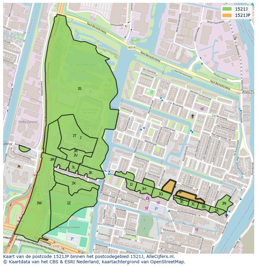 Afbeelding van het postcodegebied 1521 JP op de kaart.