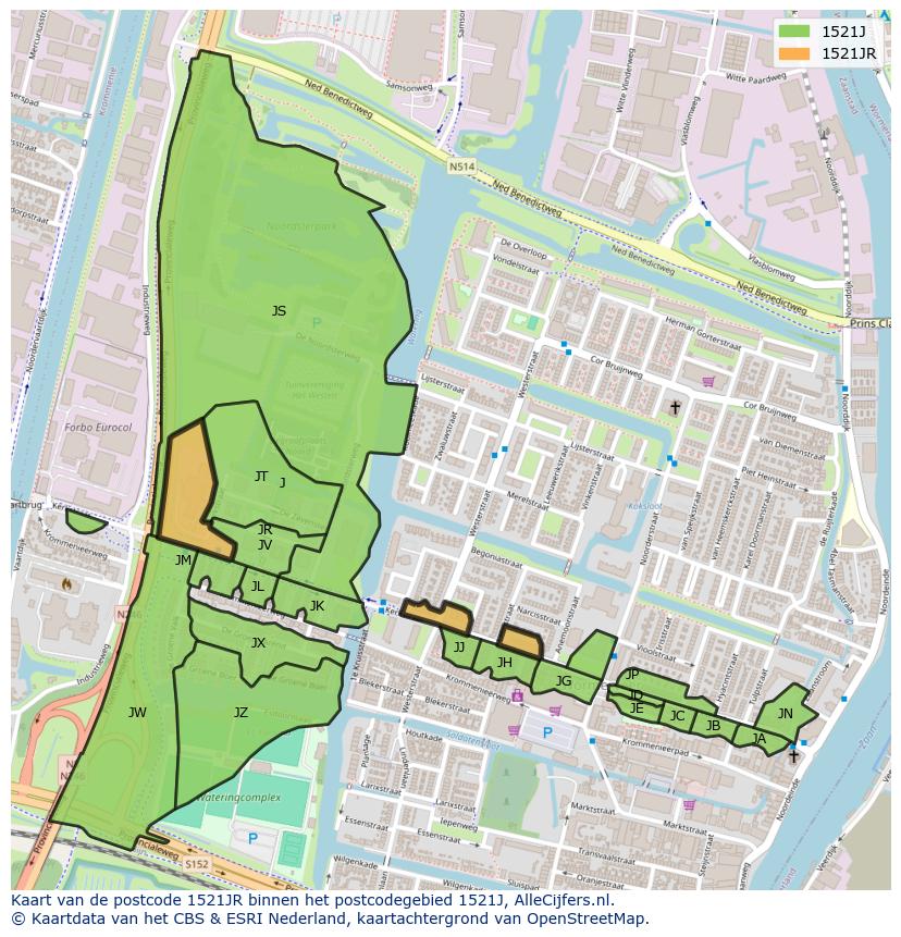 Afbeelding van het postcodegebied 1521 JR op de kaart.