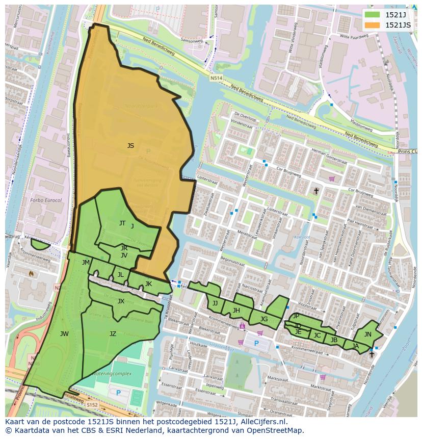 Afbeelding van het postcodegebied 1521 JS op de kaart.