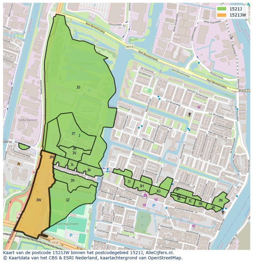 Afbeelding van het postcodegebied 1521 JW op de kaart.