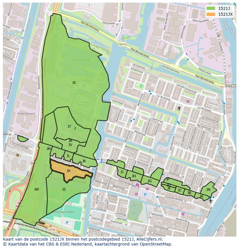 Afbeelding van het postcodegebied 1521 JX op de kaart.