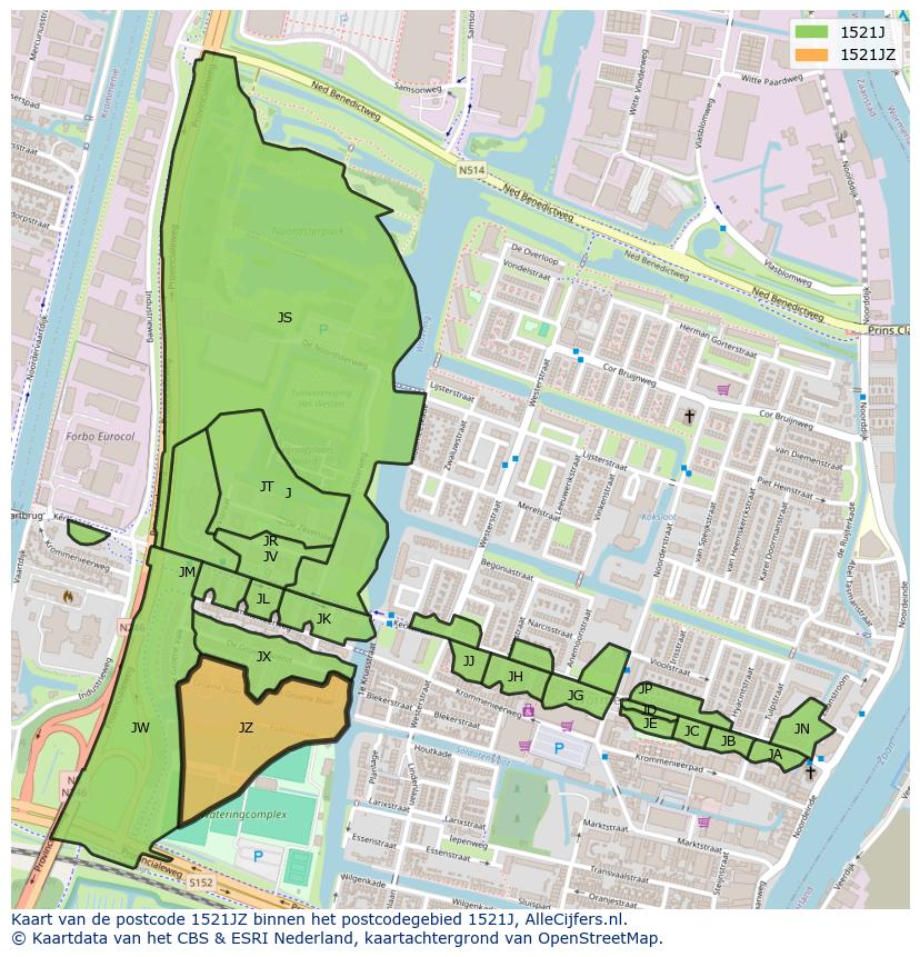 Afbeelding van het postcodegebied 1521 JZ op de kaart.