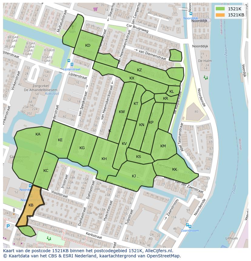 Afbeelding van het postcodegebied 1521 KB op de kaart.