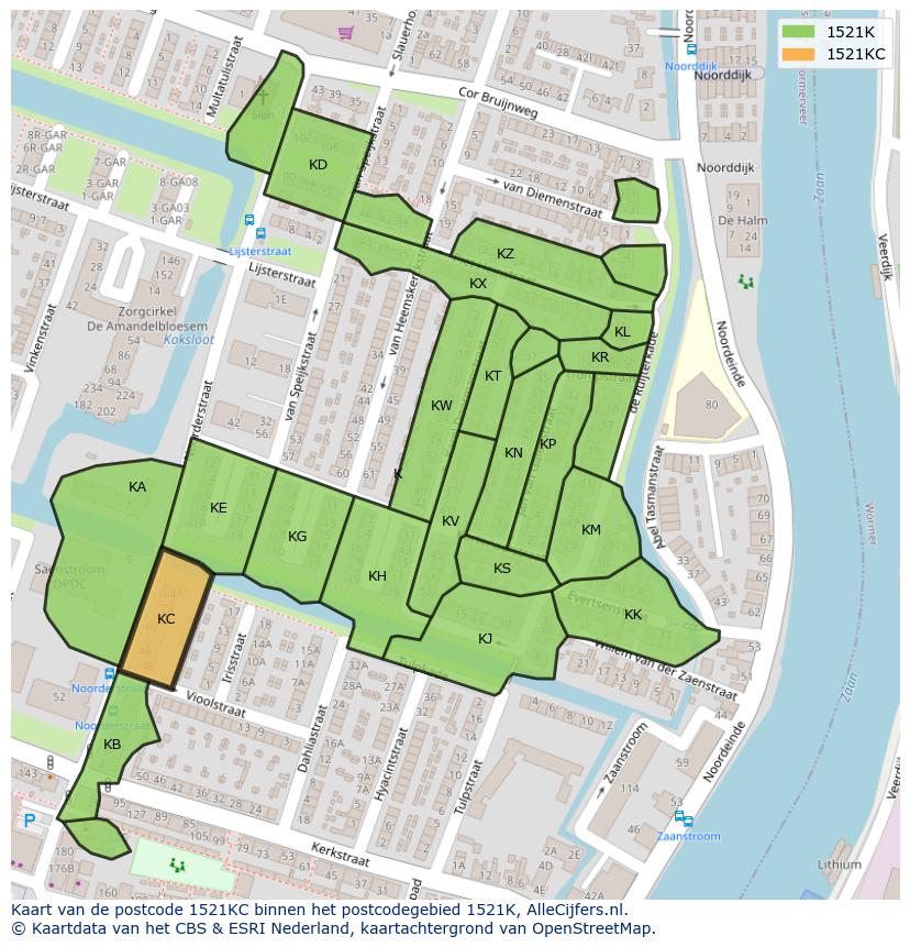 Afbeelding van het postcodegebied 1521 KC op de kaart.