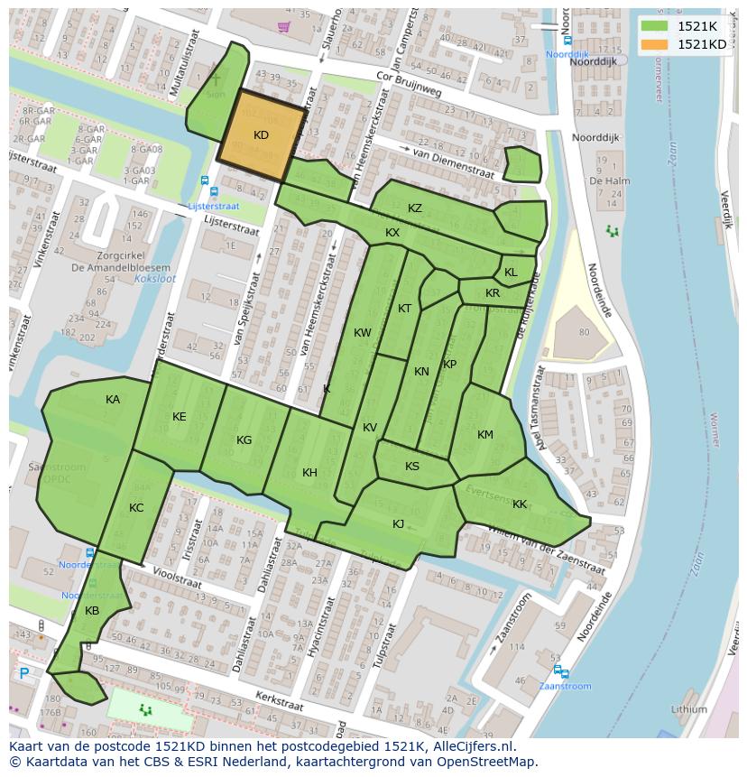 Afbeelding van het postcodegebied 1521 KD op de kaart.