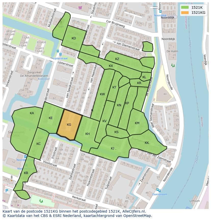 Afbeelding van het postcodegebied 1521 KG op de kaart.