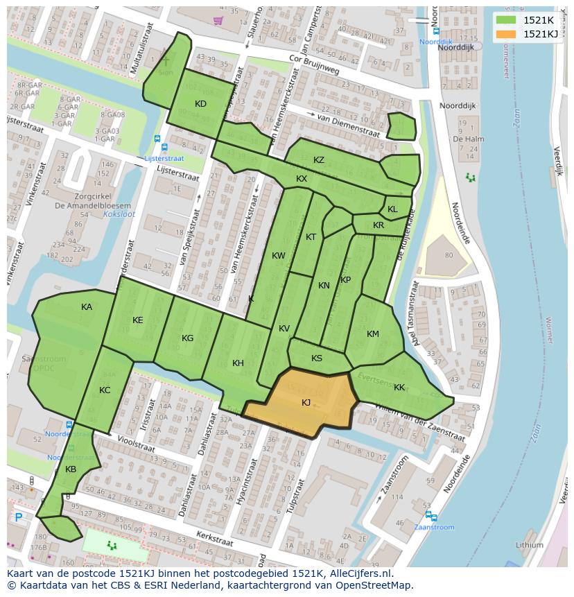 Afbeelding van het postcodegebied 1521 KJ op de kaart.