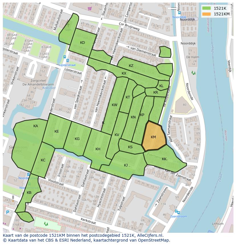 Afbeelding van het postcodegebied 1521 KM op de kaart.