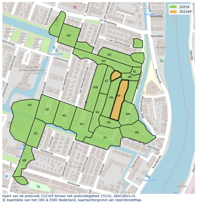 Afbeelding van het postcodegebied 1521 KP op de kaart.