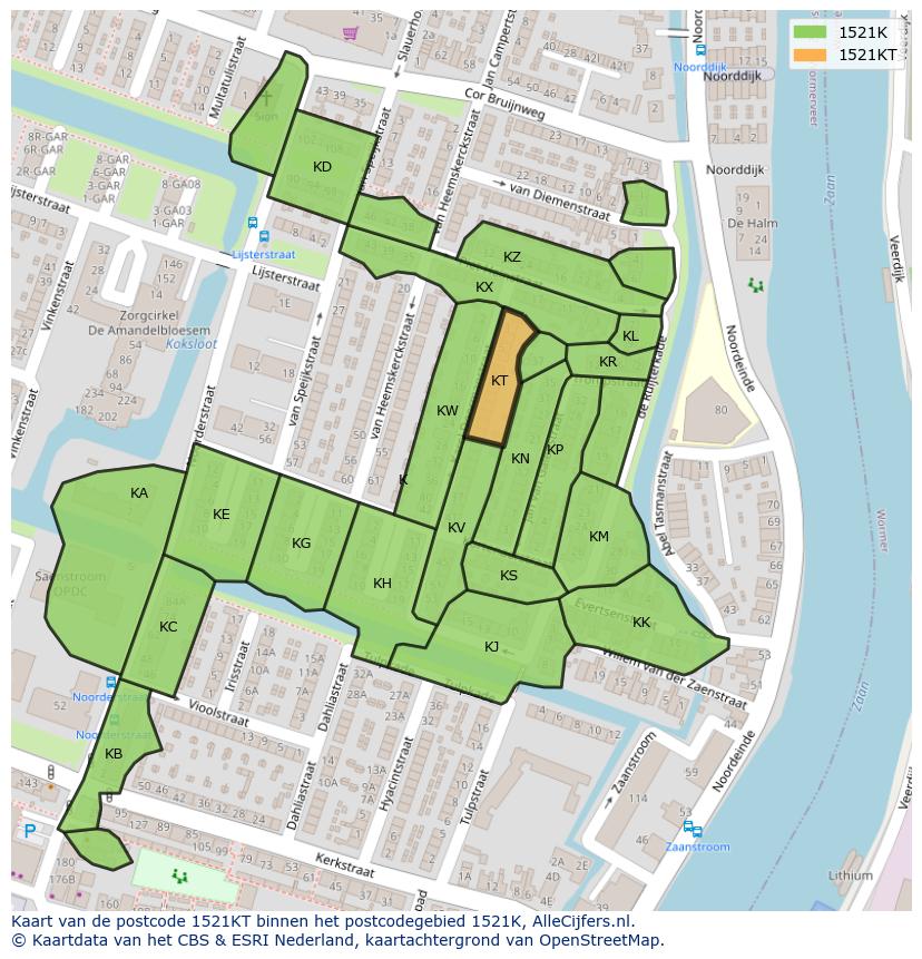 Afbeelding van het postcodegebied 1521 KT op de kaart.