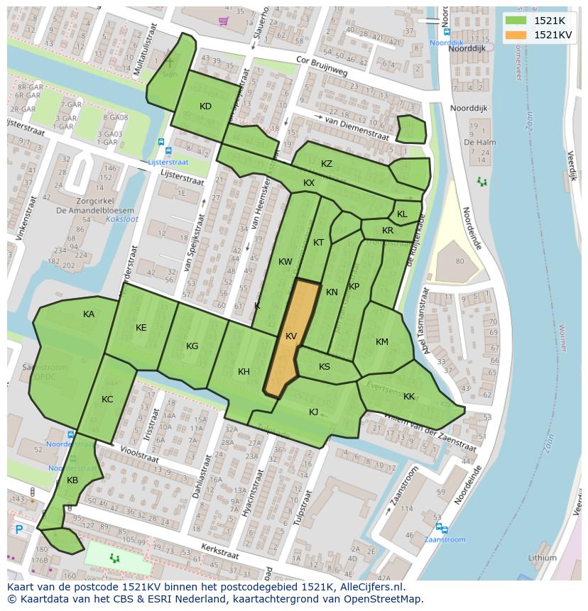 Afbeelding van het postcodegebied 1521 KV op de kaart.