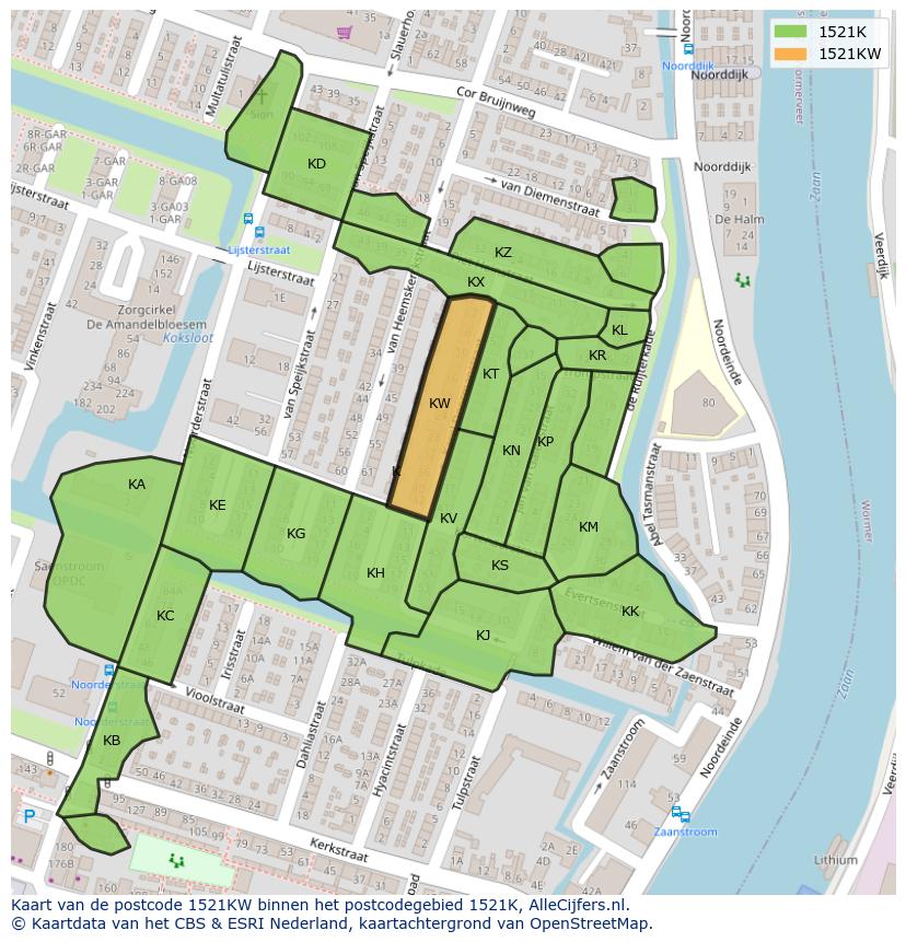 Afbeelding van het postcodegebied 1521 KW op de kaart.