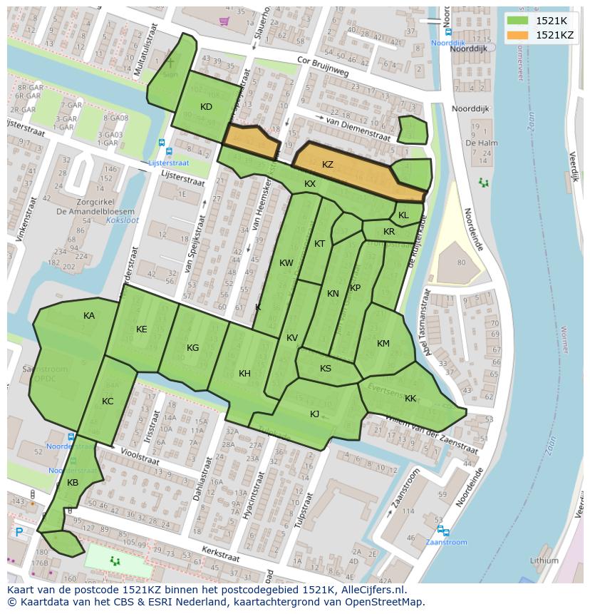Afbeelding van het postcodegebied 1521 KZ op de kaart.
