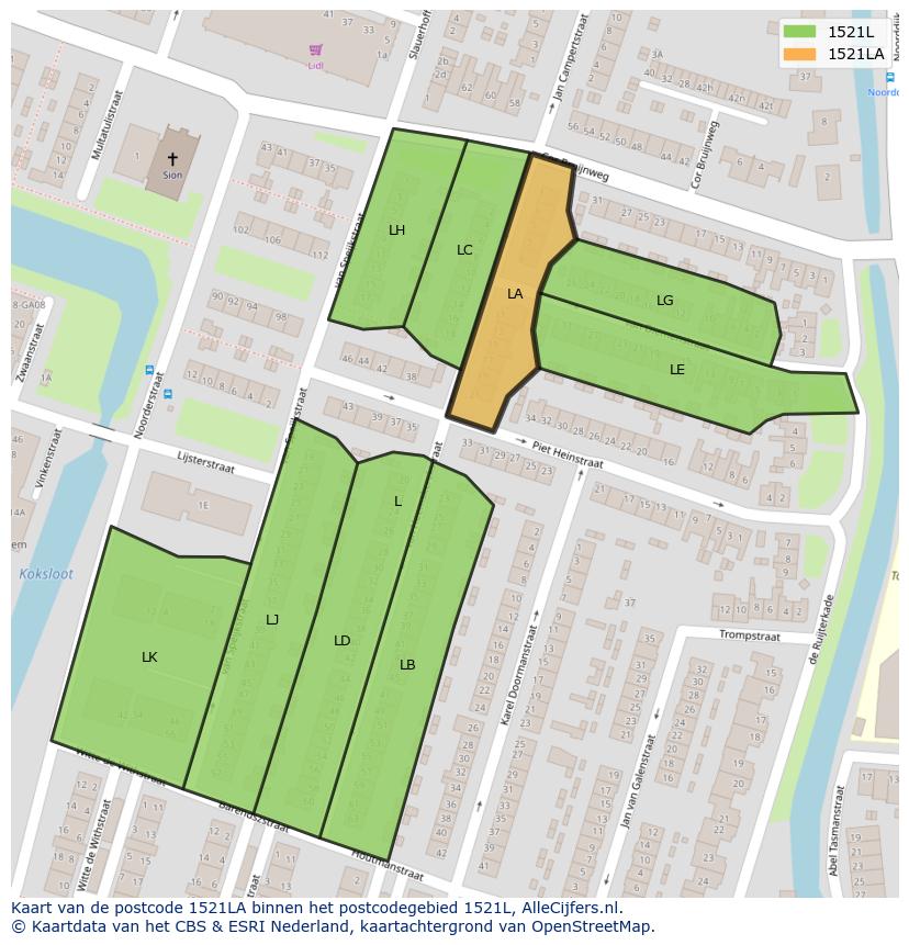 Afbeelding van het postcodegebied 1521 LA op de kaart.