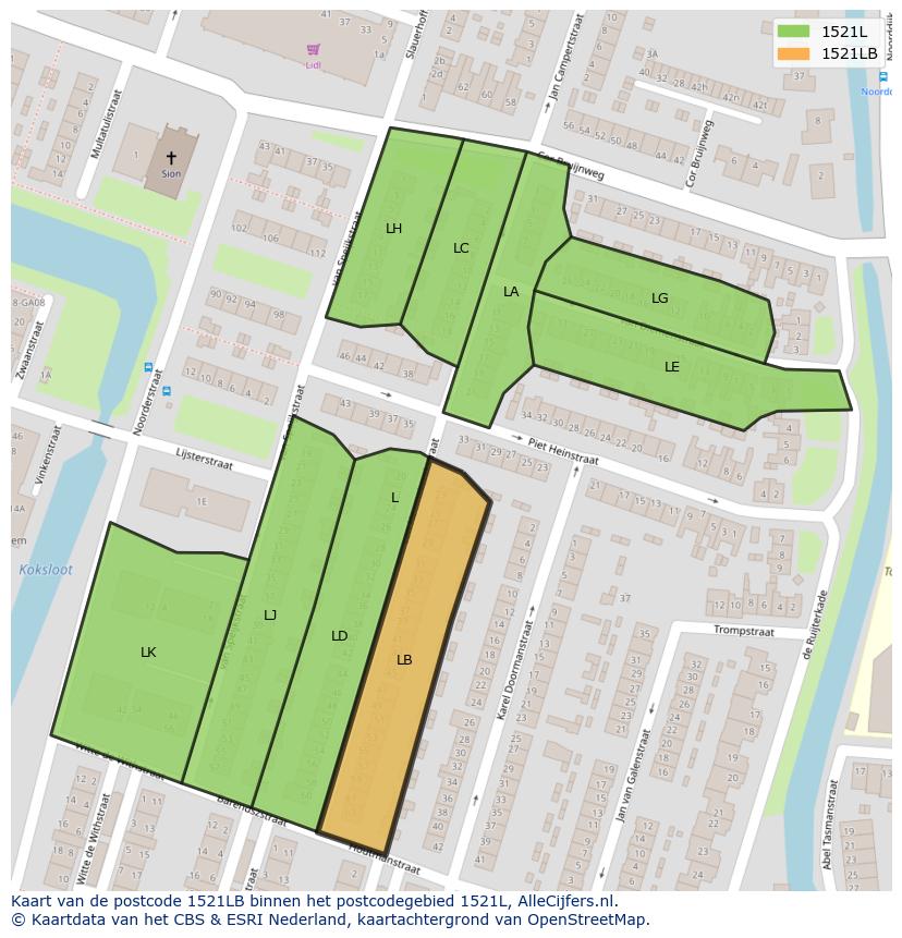 Afbeelding van het postcodegebied 1521 LB op de kaart.