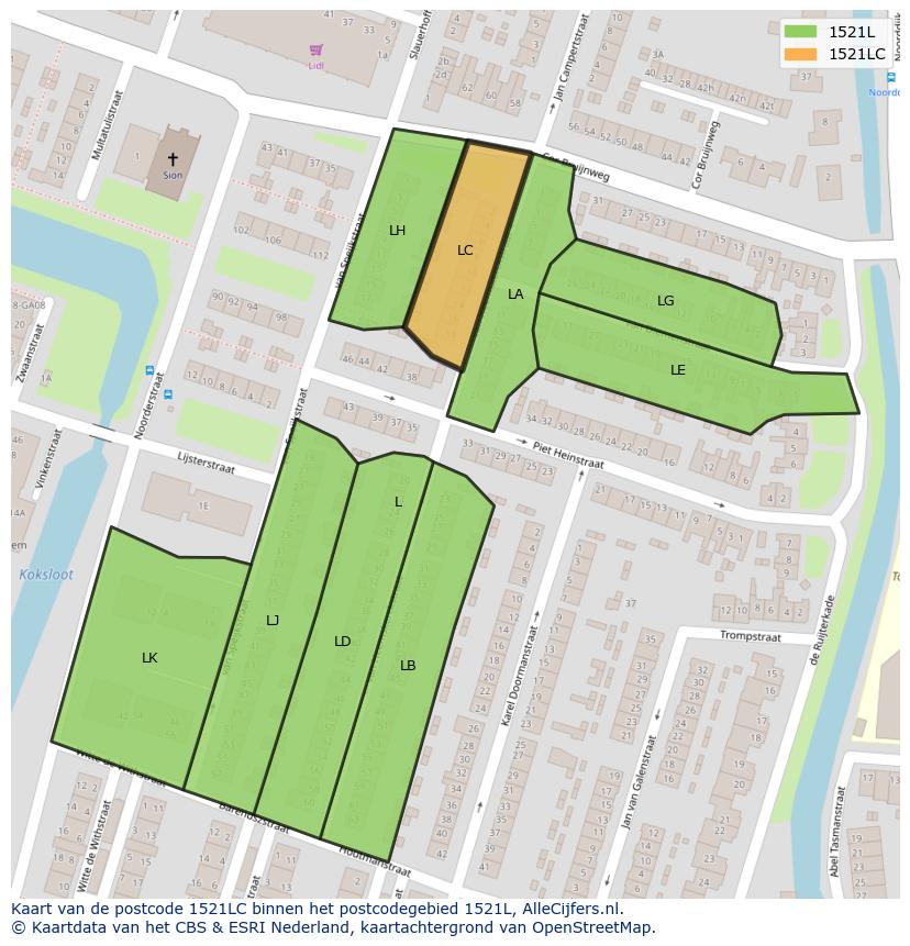 Afbeelding van het postcodegebied 1521 LC op de kaart.
