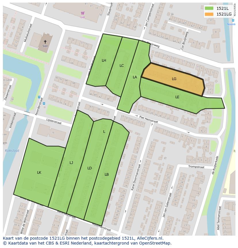 Afbeelding van het postcodegebied 1521 LG op de kaart.