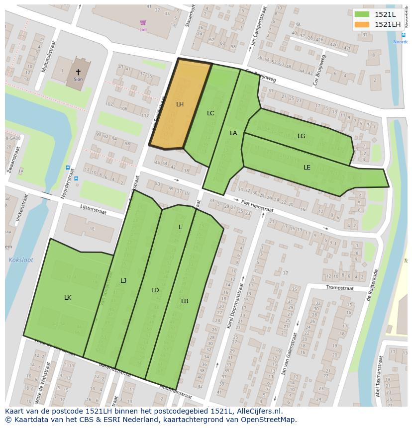 Afbeelding van het postcodegebied 1521 LH op de kaart.